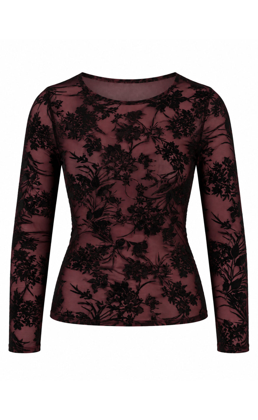 Say INA Copenhagen Bluse - Sophia Mesh - Burgundy W. Black Flowers