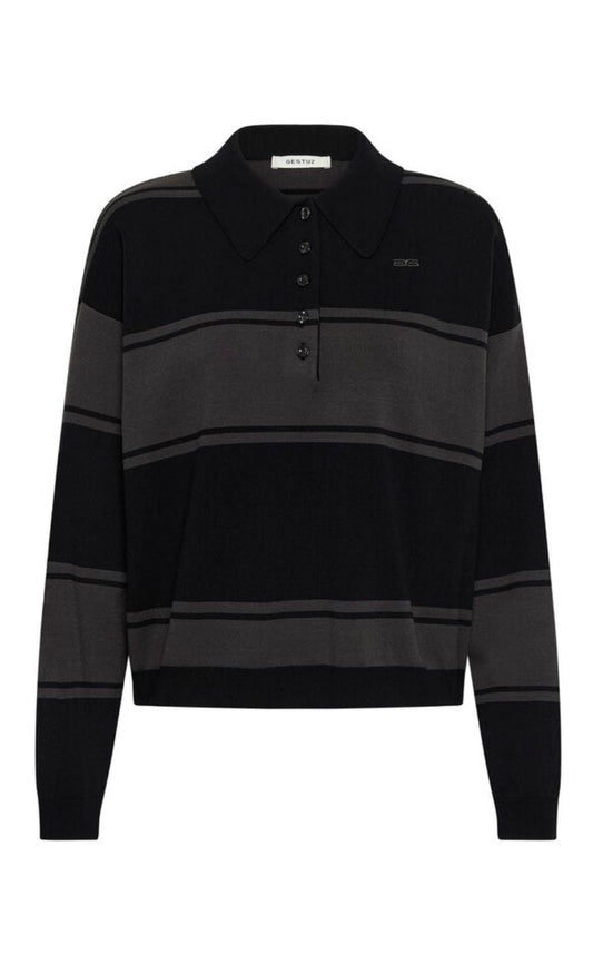 Gestuz Pullover - Silda Polo - Black/Raven striped