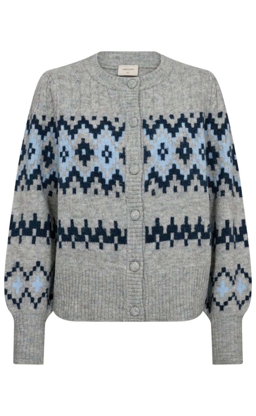 Freequent Cardigan - Merla - Med Grey Mel w. Moonlit Ocean