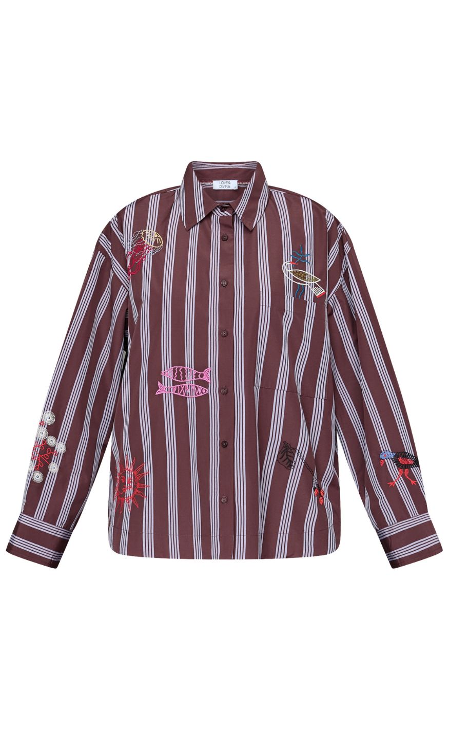 Love & Divine Bluse - love1555-1 - Brown Stripes Emb.