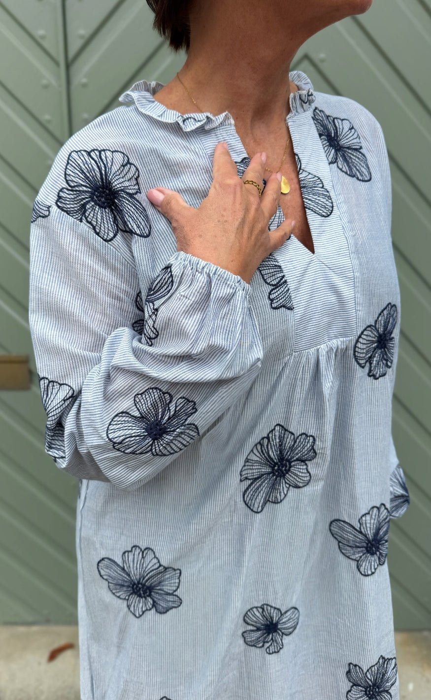 Say INA Copenhagen Kjole - Winnie New LS - Blue Striped W. Navy Flowers
