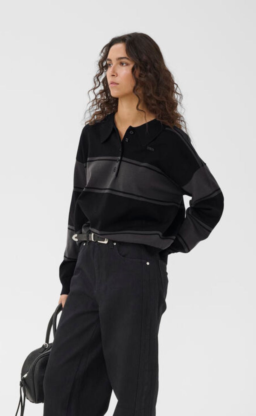 Gestuz Pullover - Silda Polo - Black/Raven striped