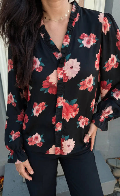 Say INA Copenhagen Bluse - Catja - Black W. Red/Pink Flowers