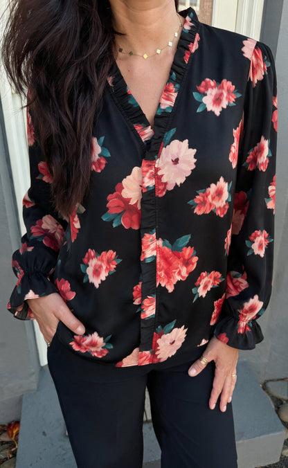 Say INA Copenhagen Bluse - Catja - Black W. Red/Pink Flowers