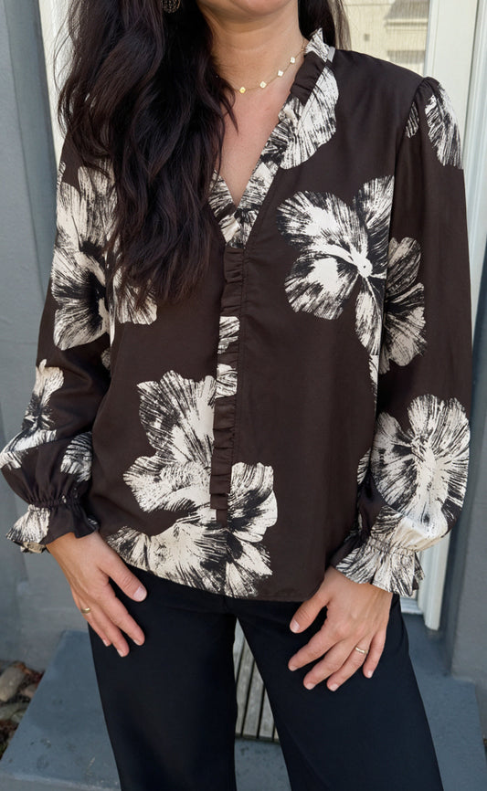 Say INA Copenhagen Bluse - Catja - Dark Brown W. Big Flowers