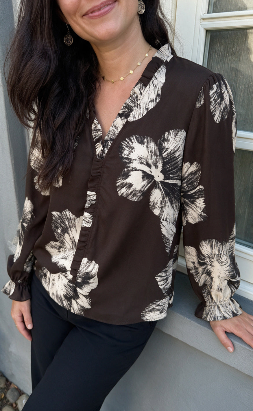 Say INA Copenhagen Bluse - Catja - Dark Brown W. Big Flowers
