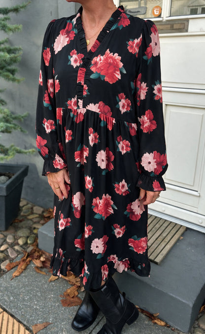 Say INA Copenhagen Kjole - Catja - Black W. Red/Pink Flowers