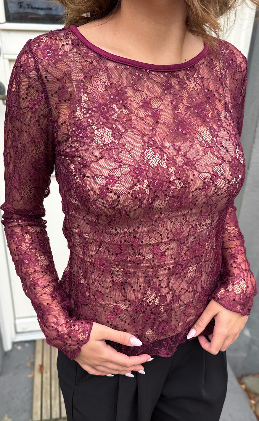 Say INA Copenhagen Bluse - Lily Lace - Burgundy Flower W. Sequin