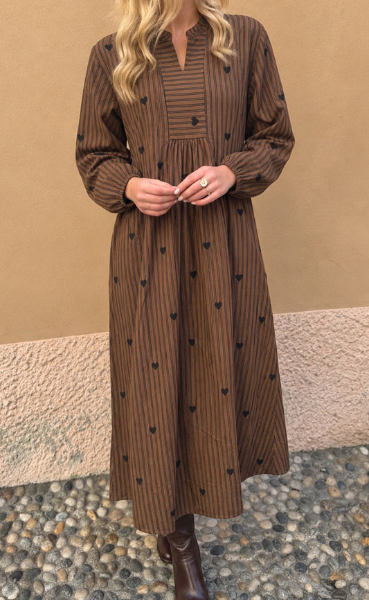Say INA Copenhagen Kjole - Winnie New LS - Brown Striped W. Embroidery Hearts