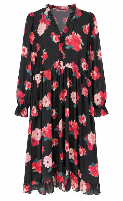Say INA Copenhagen Kjole - Catja - Black W. Red/Pink Flowers