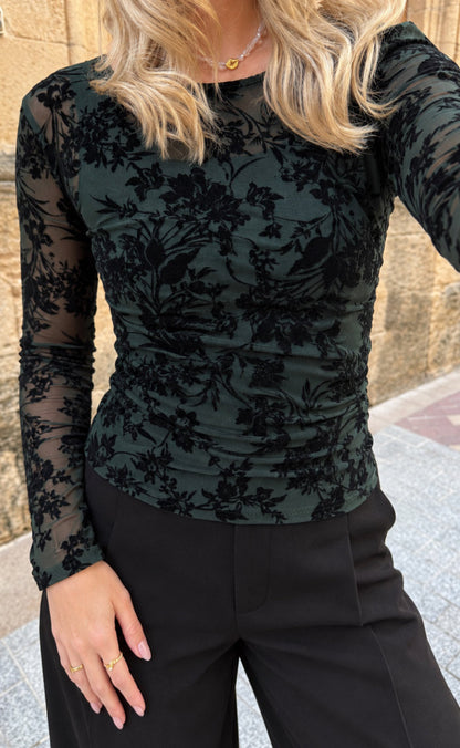 Say INA Copenhagen Bluse - Sophia Mesh - Petrol Green W. Black Flowers