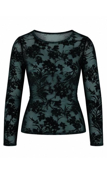 Say INA Copenhagen Bluse - Sophia Mesh - Petrol Green W. Black Flowers